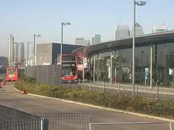 The bus station with Canary Wharf in the distance