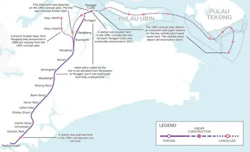 A map showing proposed stations along the North East Line running from HarbourFront to Punggol with proposed extensions to Jalan Kayu and the two outlying islands of Pulau Ubin and Pulau Tekong