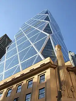 A vertical view of both sections of the tower from the ground