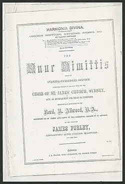 Printed cover page of musical score, using different fonts and "Respectfully dedicated to the Revd. R. Allwood, B.A., incumbent of St. James' and Canon of the cathedral church of St. Andrew", for use in a service at St Andrew's