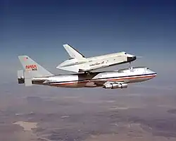 Space Shuttle Enterprise attached to Shuttle Carrier Aircraft during test flight