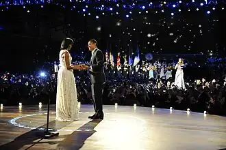 President Barack Obama and First Lady Michelle Obama are serenaded by Beyoncé at their first inaugural dance at the "Neighborhood Ball" on January 20, 2009.