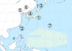 De jure map of Japan under Allied occupation. # The Japanese archipelago, placed under the authority of the Supreme Commander for the Allied Powers (de facto United States), effective 1945–1952.[a] # Japanese Taiwan and its Spratly Islands, placed under the authority of the Republic of China. # Karafuto Prefecture and the Kuril Islands, placed under the authority of the Soviet Union. # Japanese Korea south of the 38th parallel north, placed under the authority of the United States Army Military Government in Korea, granted independence in 1948 as the Republic of Korea (South Korea). # The Kwantung Leased Territory, a Japanese colony occupied by the Soviet Union 1945–1955, returned to the People's Republic of China in 1955. # Japanese Korea north of the 38th parallel north, placed under the authority of the Soviet Civil Administration, granted independence in 1948 as the Democratic People's Republic of Korea (North Korea) # The South Seas Mandate, a Japanese colony in the name of the League of Nations, occupied by the United States 1945–1947, converted into the Trust Territory of the Pacific Islands of the United Nations under the US administration in 1947.