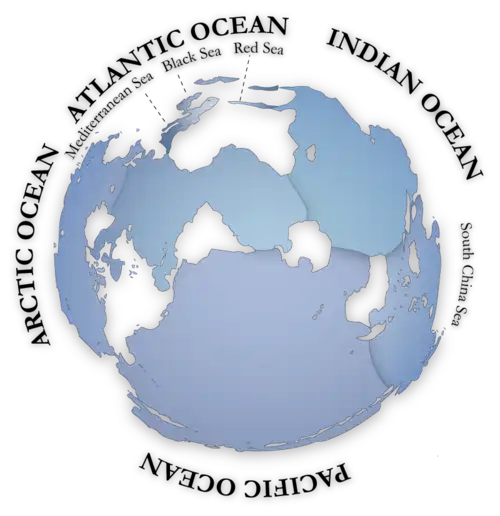 Image 70Oceans cover almost three quarters (71%) of the surface of the Earth, and nearly half of the world's marine waters are over 3000 m deep. This global, interconnected body of salt water, called the World Ocean, is divided by the continents and archipelagos into the following five bodies, from the largest to the smallest: the Pacific Ocean, the Atlantic Ocean, the Indian Ocean, the Southern Ocean, and the Arctic Ocean. Official boundaries are defined by the International Hydrographic Organization. (Credit: Alexandre Van de Sande.) (from Portal:Earth sciences/Selected pictures)