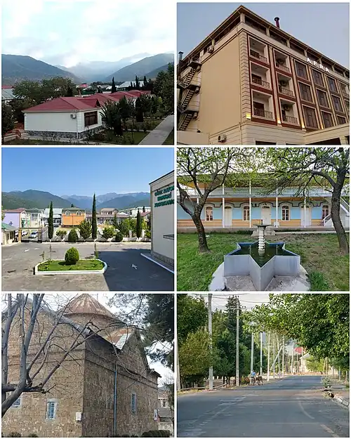 Clockwise from top: Houses in Oghuz; AFRA Hotel; Ashaghi Mahalla Synagogue; Street in Oghuz; History museum (former Church of Saint Elisæus); View of Oghuz