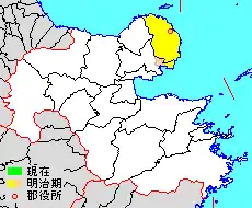 Location of Higashikunisaki District (small green island at the top) in Ōita Prefecture (Kunisaki is yellow)