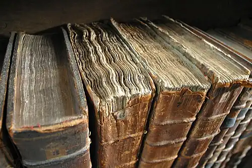 Old hardcover books at the Merton College library
