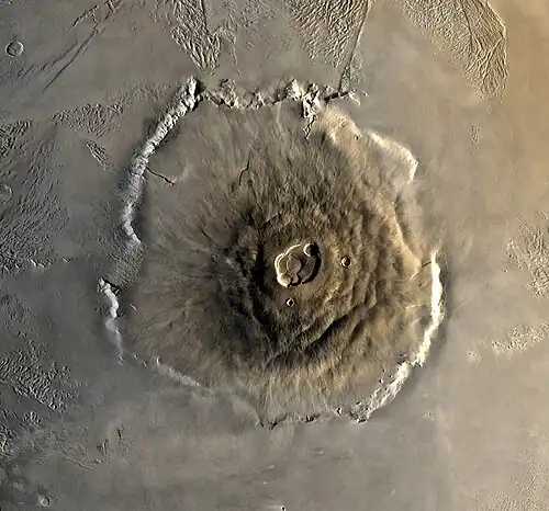 Image 15 Olympus Mons Image credit: United States Geological Survey A composite image of Olympus Mons on Mars, the tallest known volcano and mountain in the Solar System. This image was created from black-and-white imagery from the USGS's Mars Global Digital Image Mosaic and color imagery acquired from the 1978 visit of Viking 1. More selected pictures