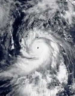 Colored visible satellite image of Typhoon Omar displaying a well-defined eye surrounded by an expansive cloud circulation.