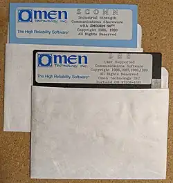 Diskette images for Omen Technology's ZComm and DSZ products (circa 1989–1990)
