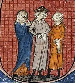 A young man and a young woman joined together by a crowned man