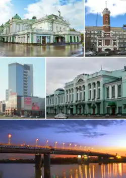 Top: Omsk State Academic Drama Theater&nbsp;[ru], Fire Observation Tower, (left to right) Middle: Omsk Festival Complex Center area, Vrubel Fine Art Museum, (left to right) Bottom: 60 Years Victory Bridge