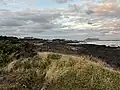 Rocky rubble on a coastal ridge above a rocky shoreline