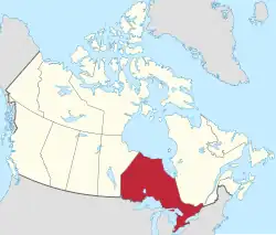 A map showing the location of the Canadian province of Ontario.