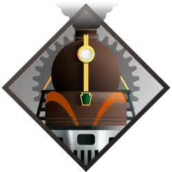 A diamond-shaped icon of the front of a steam locomotive