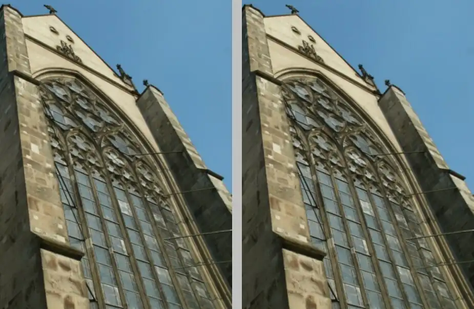 West window of Altenberg Cathedral: Both images are identical, although the part of the facade shown on the left appears more slanted than the one on the right.