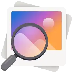 An icon with a magnifying glass over a stack of photos. The top-level photo is the only one that's visible, featuring a minimalistic, white rendition of a mountain and the sun with a purple-orange gradient in the background.