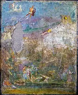Image 51A fresco from Pompeii depicting the foundation of Rome. Sol riding in his chariot; Mars descending from the sky to Rhea Silvia lying in the grass; Mercury shows to Venus the she-wolf suckling the twins; in the lower corners of the picture: river-god Tiberinus and water-goddess Juturna. 35–45 AD. (from Founding of Rome)