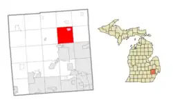 Location within Oakland County (red) and the administered village of Lake Orion (pink)