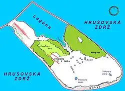 Map of Vtáčí ostrov ("Bird Island") on the Hrušovská zdrž