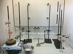 A laboratory setup illustrating the successive steps of the Ostwald process for making nitric acid.
