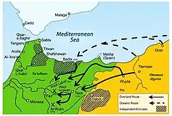 Map showing military operations conducted by a yellow represented state against a green represented one.