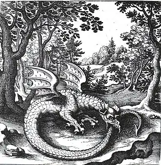 Engraving of a wyvern-type ouroboros by Lucas Jennis, in the 1625 alchemical tract De Lapide Philosophico. The figure serves as a symbol for mercury.[18]