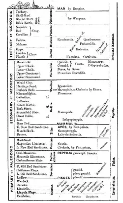 Image 17Geologic time scale from an 1861 book by Richard Owen shows the appearance of major animal types. (from History of paleontology)