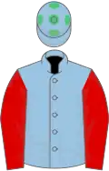 Light blue, red sleeves, light blue cap, emerald green spots