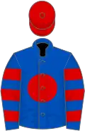 Royal blue, red disc, hooped sleeves, red cap