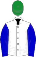 White, blue sleeves, green cap
