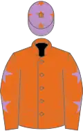 Orange, mauve stars on sleeves, mauve cap, orange stars