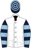 White, dark blue and light blue hooped sleeves and cap