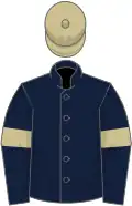 Dark blue, beige armlets and cap