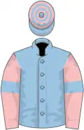 Light blue, pink sleeves, light blue armlets, light blue and pink hooped cap