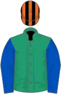 Emerald green, royal blue sleeves, black and orange striped cap