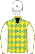 Light green and yellow diamonds, white sleeves, yellow seams, white cap