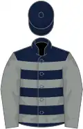 Dark blue and grey hoops, grey sleeves, dark blue cap