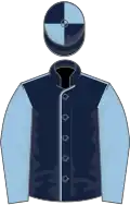 Dark blue, light blue seams and sleeves, quartered cap