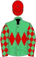 emerald Green, red triple diamond, red sleeves, emerald green diamonds, red cap