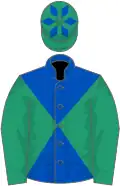 Royal blue and emerald green diabolo, emerald green sleeves, emerald green cap, royal blue diamonds