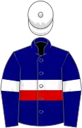 Navy blue, white and red hoop, white armlets, white cap