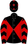 Black and red diabolo, red chevrons on sleeves, black cap, red stars
