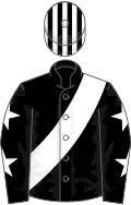 Black, white sash, white stars on sleeves, striped cap