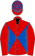 RED and ROYAL BLUE DIABOLO, red sleeves, hooped cap