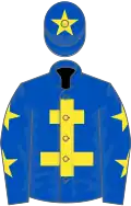 Royal blue, yellow cross of lorraine, royal blue sleeves, yellow stars, royal blue cap, yellow star