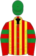 Red and yellow stripes, red sleeves, two green armlets, green cap