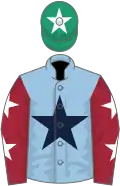Light blue, dark blue star, maroon sleeves, white stars, emerald green cap, white star