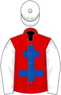 Red, royal blue cross of lorraine, white sleeves and cap