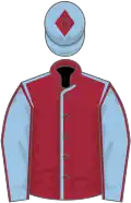 Maroon, light blue seams, light blue sleeves, maroon seams, light blue cap, maroon diamond